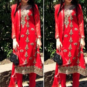 Red embroidered dress pakistan Indian 3 pc suit .